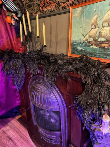 6 foot black garland with full lush branches, perfect for Haunted Mansion Holiday and spooky-chic Halloween décor